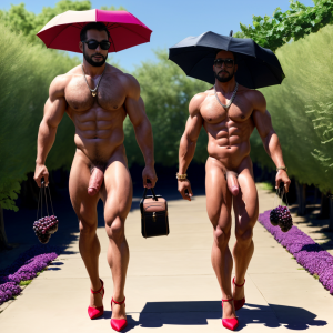 Dos hombres machos musculosos desnudos muy viriles con pene grande y testículos grandes y peludos. Caminando 10 ⛓️⛓️ 🍇 🍒 🌞 👠👠 👜💼 🧢🌂👓