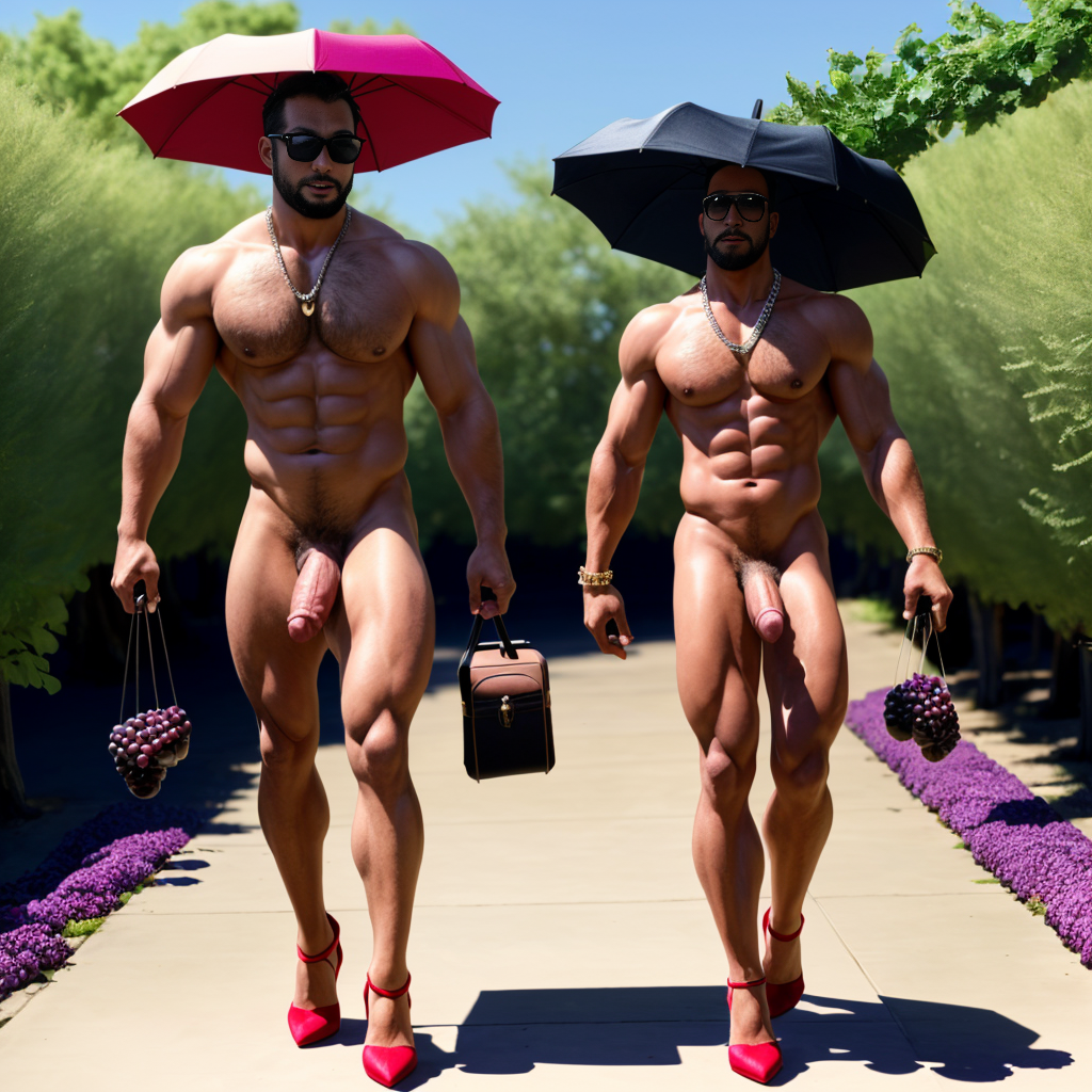 Dos hombres machos musculosos desnudos muy viriles con pene grande y testículos grandes y peludos. Caminando 10 ⛓️⛓️ 🍇 🍒 🌞 👠👠 👜💼 🧢🌂👓