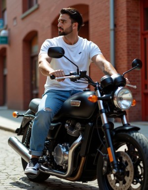 Un joven repartidor de paquetes de unos 25 años, subido en una moto de color negro y con líneas aerodinámicas, viste vaqueros azules desgastados y una camiseta de manga corta blanca que se ajusta a su torso atlético. Su pelo es corto y moreno, peinado hacia atrás con un estilo informal. Con una mano  sujeta el manillar de la moto. La camiseta deja ver parte de su brazo musculoso y un tatuaje minimalista en el antebrazo. El repartidor lleva zapatillas deportivas  y un reloj deportivo en la muñeca. La moto está estacionada en una calle empedrada con edificios de ladrillo rojo al fondo, y el sol brilla sobre el escenario, creando sombras que resaltan la textura de la ropa y el metal de la moto. El estilo de la imagen es hiperrealista, con detalles precisos y una paleta de colores vibrantes que capturan la esencia de un día soleado en la ciudad.