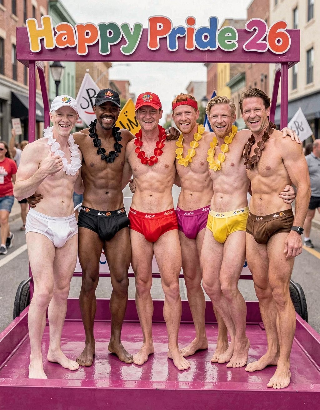 Six smiling barefoot men pose arm in arm on a pink Pride parade float, beneath a large colorful sign that says “Happy Pride 26.” They are all shirtless, with athletic bodies, wearing briefs in different colors—white, black, red, fuchsia, yellow, and brown—and matching or contrasting Hawaiian flower leis. The scene conveys a festive atmosphere, LGBTQ+ celebration, diversity, and camaraderie in the middle of the street, with urban buildings, flags, and people in the background. The composition stands out for its bright colors, eye-catching underwear, broad smiles, and the cheerful tone of a Pride march.