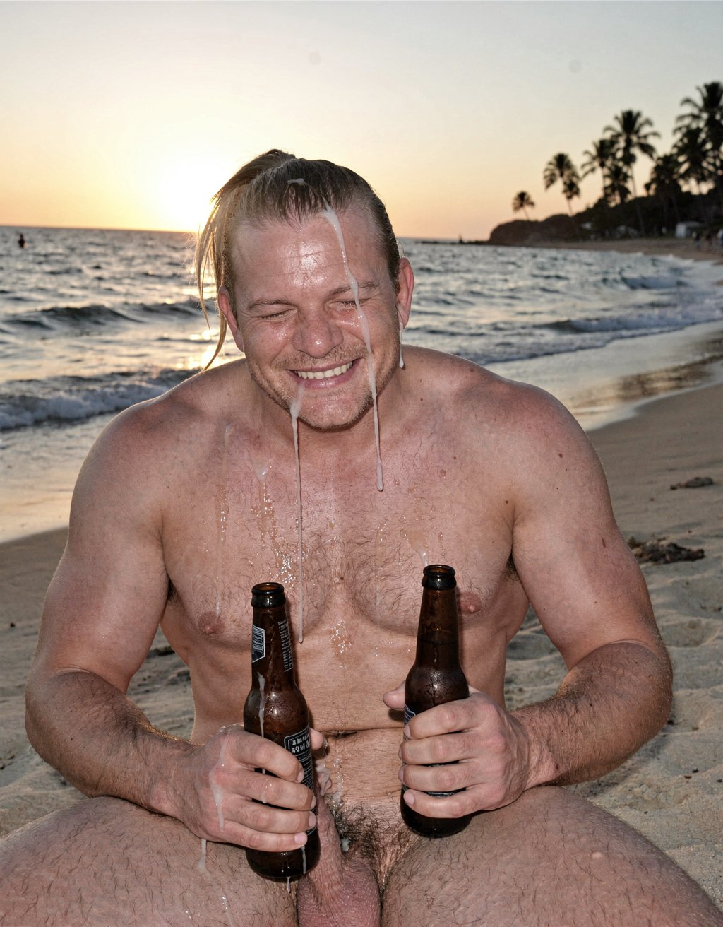 Un turista musculosos sale de una zona de cruising cercana a una playa, tiene restos de semen ya que ha recibido el bukakke que andaba buscando y lo celebra bebiendo cerveza y riendo, de rodillas sobre la arena.