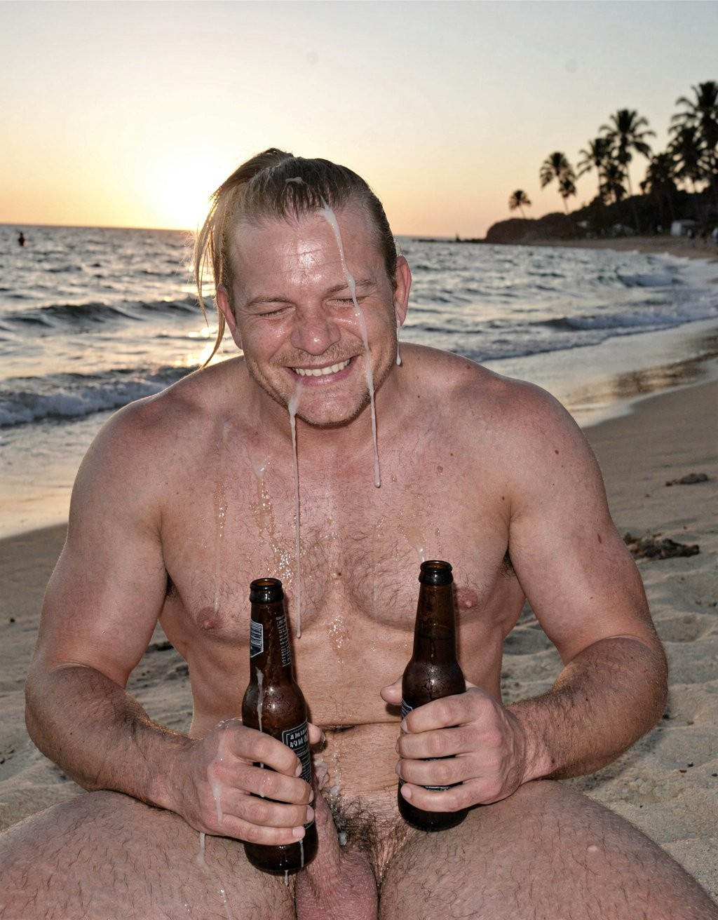 A smiling shirtless man is sitting on the sand of a beach at sunset, with the sea and waves behind him and a line of palm trees silhouetted on the horizon. He has wet blond hair and several streaks of white liquid running down his forehead, face, and chest, while keeping his eyes closed and a playful expression, as if someone had just spilled a drink on him. He is holding two dark beer bottles, one in each hand, resting near his open legs on the sand. The scene conveys a tropical, festive, and relaxed atmosphere, with warm sunset light, beach, beer, salt water, and seaside vacation.