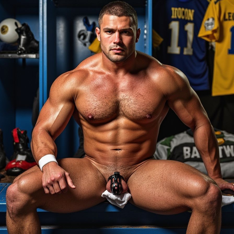 Hombre musculoso y desnudo sentado en un banco de vestuario, con las piernas abiertas y el torso atlético iluminado de forma intensa, mostrando hombros anchos, pectorales marcados, abdominales definidos y piel sudada. Mira directamente a cámara con expresión seria, en un ambiente deportivo con taquillas azules, equipamiento de fútbol americano, cascos y camisetas colgadas al fondo, incluida una camiseta azul con el número 11 y una prenda amarilla. Lleva una muñequera blanca y tiene una toalla pequeña bajo la entrepierna, donde el pene queda visible en primer plano con un accesorio oscuro alrededor, reforzando el carácter explícito y provocador de la escena de vestuario masculino, fuerza física, desnudez y estética deportiva.