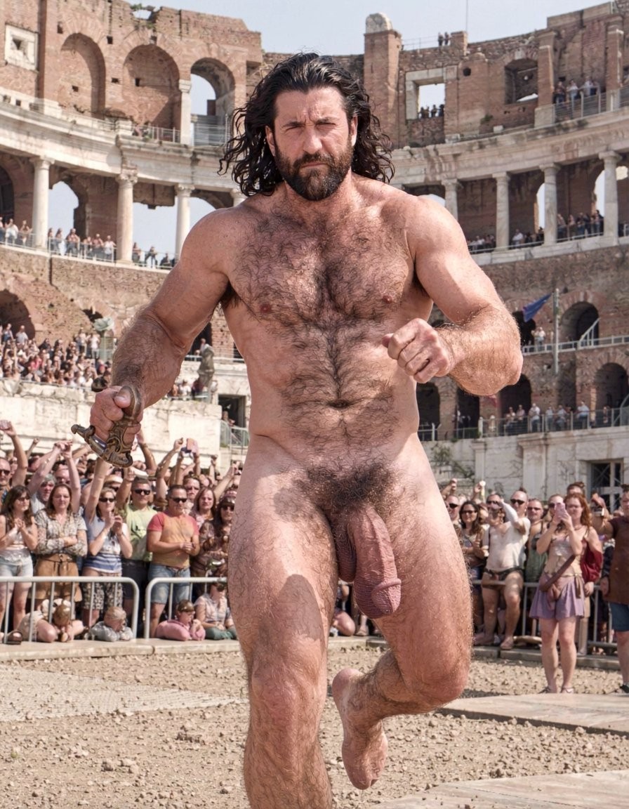 Gladiador romano con pene erecto de 28 cm de longitud y 7 cm de diámetro, tiene una espada el mano derecho. Es muy velludo y tiene pectorales poderosos. Tiene pelo ondulado y negro. Está corriendo con un gladiador con polla hermosa peludo pelo rizado pelirrojo y está desnudo. Está en el Coliseo con público de la edad media en la época del imperio romano del año 459. Tiene grandes pectorales y es muy velludo