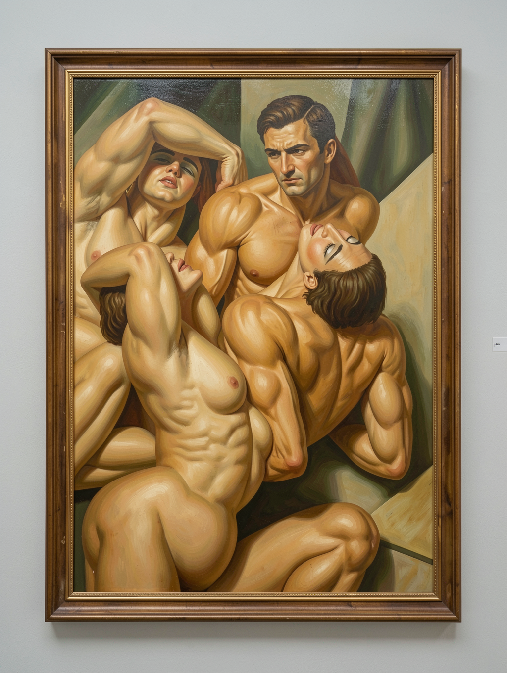 Pintura figurativa de estilo realista y dramático, enmarcada con moldura dorada, que representa un grupo de cuerpos desnudos y musculosos entrelazados en una composición cargada de tensión sensual. Tres hombres de anatomía marcada rodean a una mujer desnuda reclinada, con el torso arqueado, los pechos visibles y la cabeza echada hacia atrás; uno de ellos la sostiene de cerca mientras otros cuerpos se superponen en poses teatrales. La iluminación cálida resalta la piel, los músculos, los brazos tensos y las expresiones intensas, creando una escena de erotismo clásico, fuerza física y deseo dentro de un entorno pictórico de museo o galería.