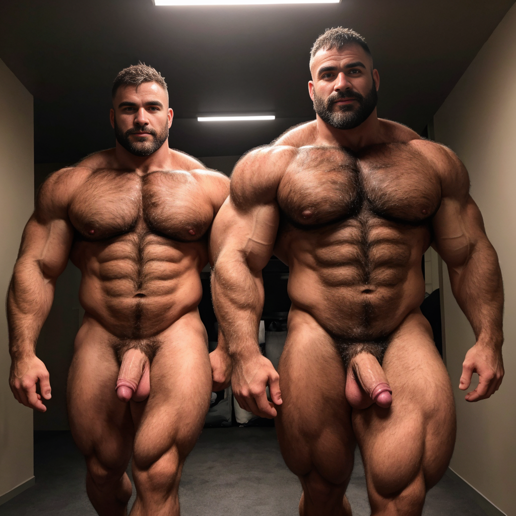 Dos hombres machos musculosos desnudos muy viriles con pene grande y testículos grandes y peludos. Caminando 10