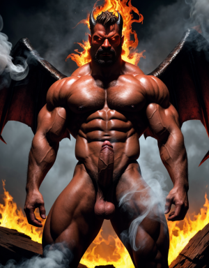 Diablo Satanás desnudo con pene grande y testículos grandes. Dobla el brazo derecho para enseñar los bíceps del brazo derecho con gran orgullo. Tiene mucho vello por todo el cuerpo. Está bronceado. Tiene alas de diablo negras y rojas oscuro. Los brazos están hacia arriba implorando rayos y fuego. Tiene un chorro de fuego en el pene que sale a chorros rojos hacia arriba de su pene erecto tieso hacia arriba. Sus ojos son grandes y rojos. Tiene testículos grandes y oscuros. Está rodeado de llamas y humo. Tienen cara de maldad y con barba. Se ven los pies. Quiero ver los pies. Está delgado. Está agachado. Está de espaldas, por detrás 