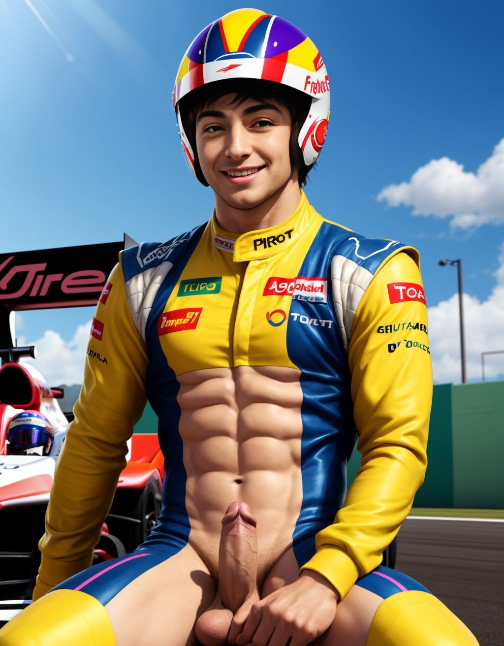 Hombre musculoso semidesnudo, pene visible, torso desnudo, con traje de Fórmula 1 parcialmente quitado, mostrando pecho y abdomen definidos, sentado en un coche de Fórmula 1, casco en mano, sonriendo confiadamente, fondo de boxes con mecánicos, iluminación vibrante, texturas hiperrealistas, foco en la figura masculina y el coche