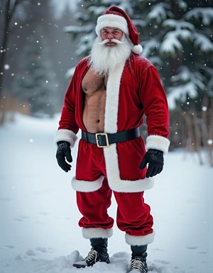La Navidad. Papá Noel es un hombre de 35 años, atleta, delgado con músculos muy marcados y definidos, está delgado y es muy varonil, tiene barba abundante blanca abundante. Tiene el gorro de papá Noel, está totalmente desnudo enseñando su musculatura de atleta y está bronceado, está entre nieve pero no frío, tiene abundante vello blanco por todo su cuerpo que cubre sus músculos de los pectorales el abdomen y cubre sus piernas. Tiene sandalias blancas en sus pies. Tiene barba abundante blanca de papá Noel. Es el Papá Noel del año 2025, con mucha alegría y mucho sexo gay. Aspecto muy masculino, salvaje. Tiene un pene erecto de 20cm de longitud y 8cm de diámetro. Tiene barba de pelo blanco y tiene mucho vello de color blanco por todo el cuerpo. El hombre Papá Noel está delgado y musculoso y peludo sobre la nieve mientras cae nieve y su pene erecto se mueve sobre sus testículos. Su pene está a la vista. Está totalmente desnudo. Tiene los músculos flexionados y tensados con los brazos hacia arriba tensión a dos