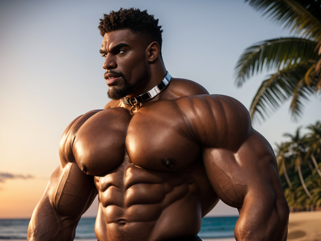 hombre afrodescendiente extremadamente musculoso, cuerpo gigante estilo culturista, pectorales masivos (más de 140 cm de pecho), brazos de 50 cm, cintura pequeña de 80 cm, abdomen muy marcado, cuello ancho y potente, mandíbula cuadrada, mirada dominante y confiada, solo lleva un collar metálico y calzoncillos negros ajustados “L’UOMO” mostrando un bulto descomunal, piel brillante por el sol, fondo de playa al atardecer, luz natural cálida, expresión de superioridad y poder., enfoque realista, detalle anatómico extremo.