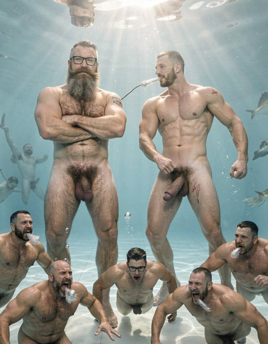 A group of naked men poses underwater in a surreal and theatrical scene, with muscular bodies, visible beards and body hair, illuminated by rays of sunlight passing through the pool. Two central figures stand out: one with a long beard and glasses crosses his arms with a serious expression, while another, very defined, holds a pipe in his mouth and clearly shows his penis. Around them, several men swim with exaggerated gestures, open mouths and intense gazes, some blowing bubbles, while small fish cross the blue-green background and the shiny surface reinforces the aquatic, humorous and provocative atmosphere.