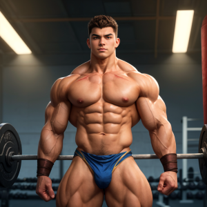 Culturista muy musculado posando de frente en un gimnasio, con el torso desnudo, pectorales enormes, abdominales marcados, hombros anchos, brazos vascularizados y muslos extremadamente definidos. Lleva un bañador o slip de competición azul con detalles dorados que ajusta la zona de la entrepierna, además de muñequeras marrones, y mantiene los puños cerrados en una postura rígida de fuerza y simetría. Detrás aparece una barra con discos de pesas a ambos lados, bancos y material de entrenamiento desenfocados, bajo luces rectangulares de techo que crean un ambiente de gimnasio intenso, tipo culturismo, fitness y levantamiento de pesas.