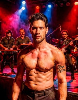 Un hombre musculoso y sin camiseta posa en primer plano con gesto serio y mirada intensa, mostrando el torso definido, abdominales marcados y el pecho iluminado por focos de escenario. Lleva pantalón oscuro y en el brazo derecho destaca un tatuaje con el texto “Team Leire”. Detrás de él actúa una banda en directo sobre un escenario de concierto, con músicos tocando teclado, bajo y batería entre micrófonos, cables e instrumentos. La atmósfera está cargada de humo escénico y luces rojas, azules y magentas que crean un ambiente dramático, potente y muy teatral, propio de una actuación musical en vivo.