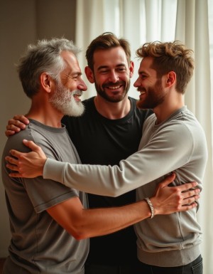 Escena familiar. Un chico rubio de veinte años, que lleva jersey gris, abraza a su padre que tiene barba y cabello cano, quien le acaba de presentar a su novio, el novio de su padre lleva camiseta negra, barba corta y es muy atractivo y alegre.