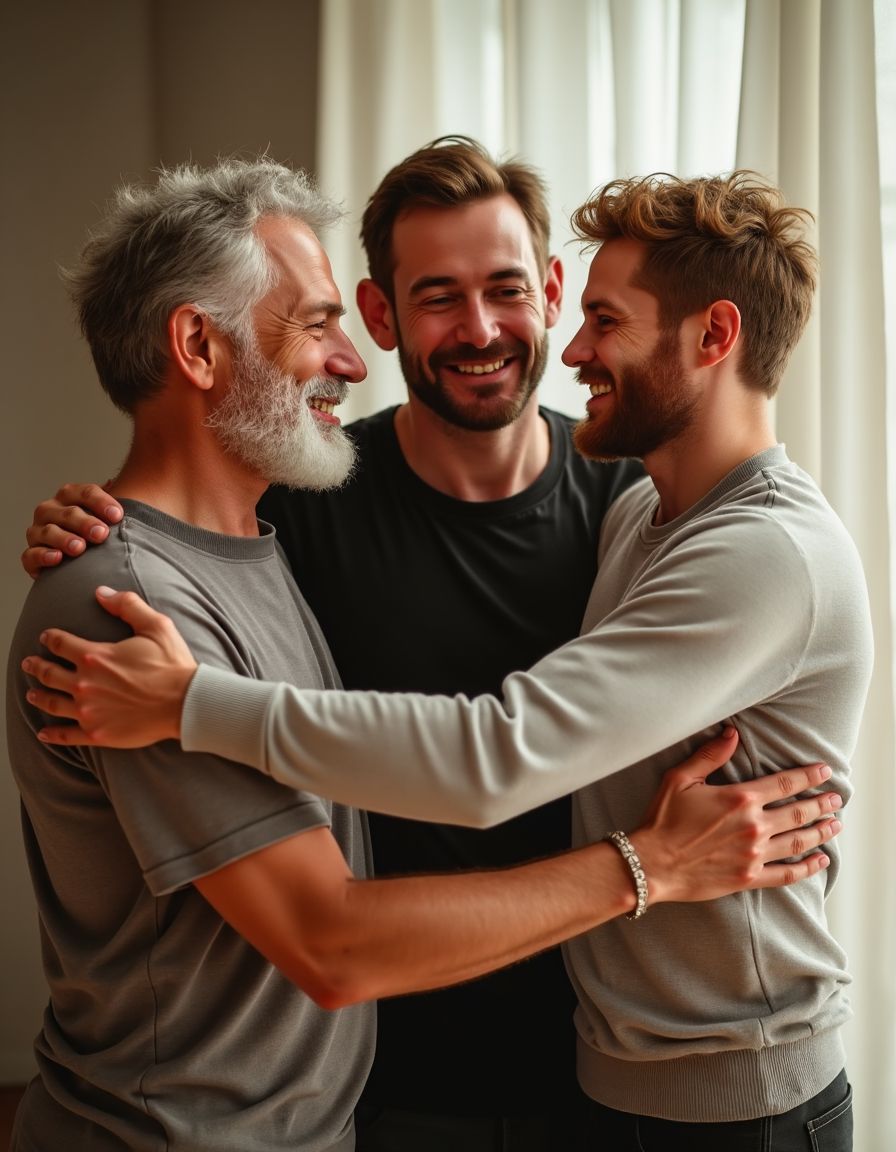Escena familiar. Un chico rubio de veinte años, que lleva jersey gris, abraza a su padre que tiene barba y cabello cano, quien le acaba de presentar a su novio, el novio de su padre lleva camiseta negra, barba corta y es muy atractivo y alegre.