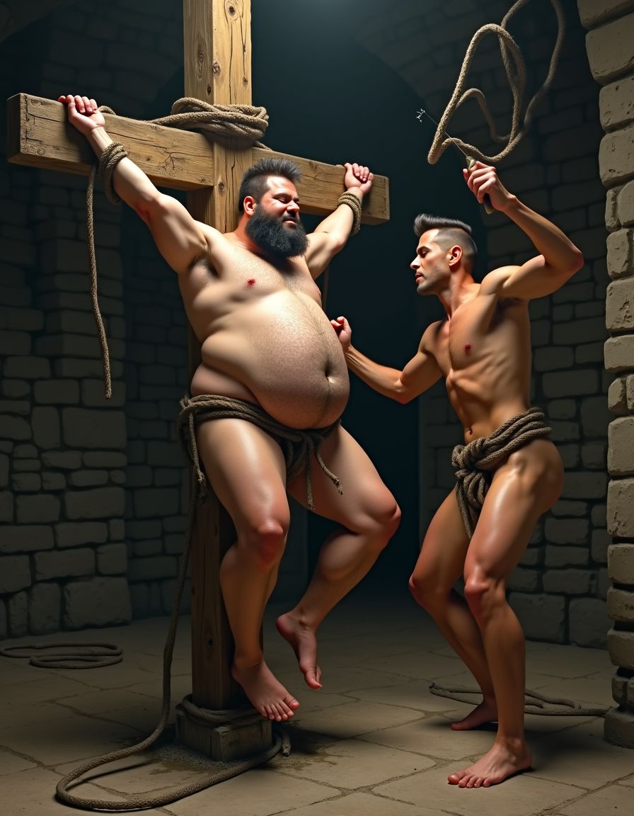A chubby naked man with a prominent erect penis, approximately 30 years old, with a rounded belly and a thick beard, is tied to a large wooden cross, his arms and legs stretched out and bound by thick ropes. His skin is a soft, pale complexion, and his body hair is thick and dark. The wooden cross is old and weathered, with visible cracks and grooves, and it stands tall in the center of a dimly lit, stone-walled room.

The chubby man's eyes are closed, and his face is contorted in a mixture of pain and pleasure as he awaits the next lash. His erect penis is prominent, with a thick, veiny shaft and a swollen, red head.

Another naked man, approximately 25 years old, with a lean, muscular build and a short, buzzed haircut, stands beside the cross, holding a long, leather whip in his hand. His skin is smooth and tanned, and his body hair is sparse and light. He is fully erect, with a long, thin penis and a pair of tight, rounded testicles.

The lean man's eyes are fixed intently on the chubby man's body, and his face is twisted in a mixture of excitement and aggression. He raises the whip high in the air, and then brings it down with a loud crack, striking the chubby man's flesh with a loud thud. The chubby man's body jerks and trembles with the impact, and his eyes fly open as he gasps in pain.

The scene is illuminated by a single, flickering torch, which casts eerie shadows on the walls and highlights the sweat and tears on the chubby man's skin. The air is thick with tension and anticipation, and the sound of the whip cracking through the air is loud and intense. The style is hyper-realistic, with high-quality details and a focus on the nudity and eroticism of the scene.