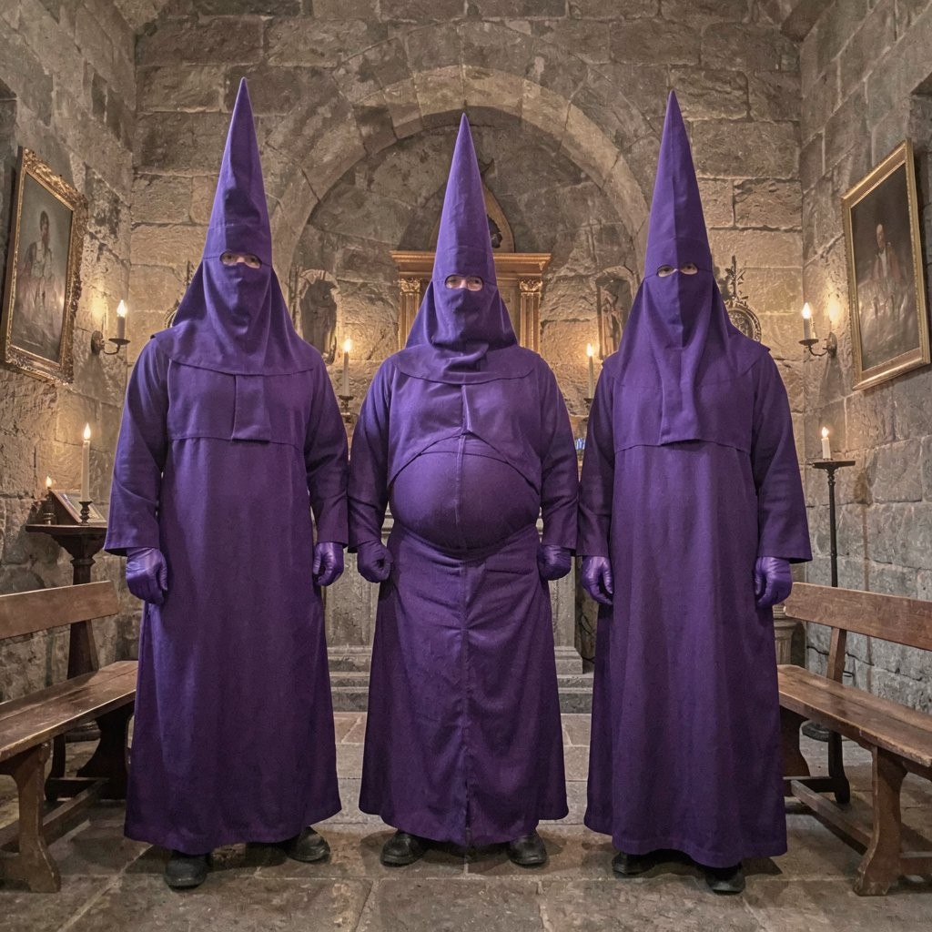 Three extremely muscular men with 6% body fat standing in ancient stone sacristy, now fully dressed as nazarenos penitents for Holy Week procession. All three wear long flowing purple robes that reach the floor, tall pointed purple capirote hoods covering their entire heads with eye holes, purple ceremonial gloves. First man has stocky powerful build, second man has a massive prominent bulge visible through his purple robe fabric, third man is tallest and most lean. They stand in dramatic formation ready to leave for the procession. Stone walls, religious candles flickering, wooden benches, sacred imagery. Solemn atmosphere, cinematic dramatic lighting, photorealistic, 8K quality, Spanish Holy Week tradition