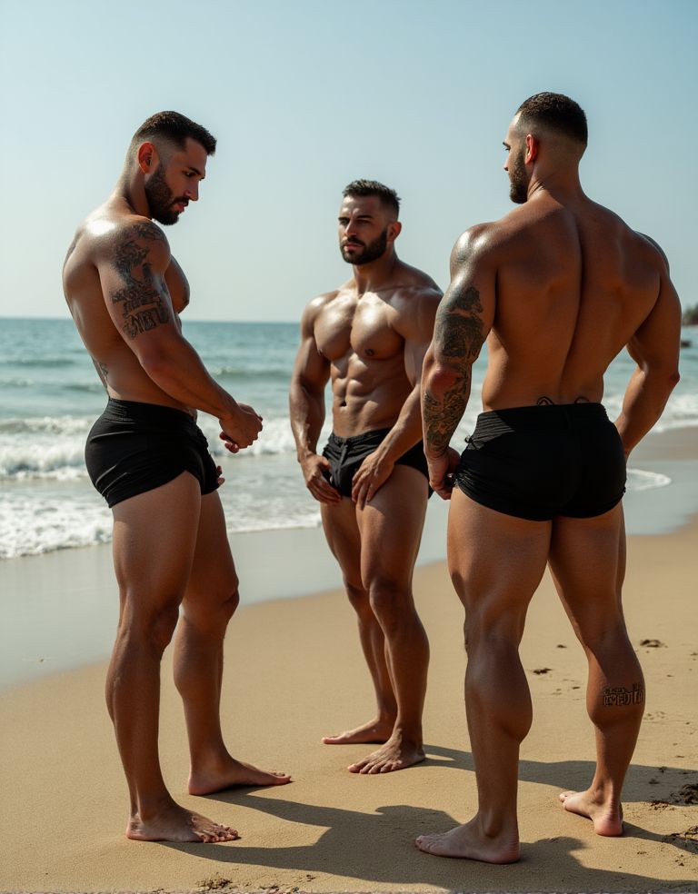 Tres  monitores de gimnasio muy musculosos, tatuados, posan en mini short marcando enormes paquetes en una playa perdida para un anuncio publicitario, un cámara filma la escena. 