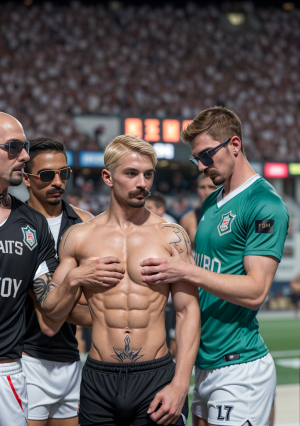 En el estadio, un jugador de fútbol se ha quitado la camiseta después del partido para intercambiarla, al ver su torso otros jugadores del equipo contrario lo admiran y uno no puede evitar acercarse y tocarle, lo cual acepta con mirada orgullosa, ya que nunca nadie había tenido tal atrevimiento. 
