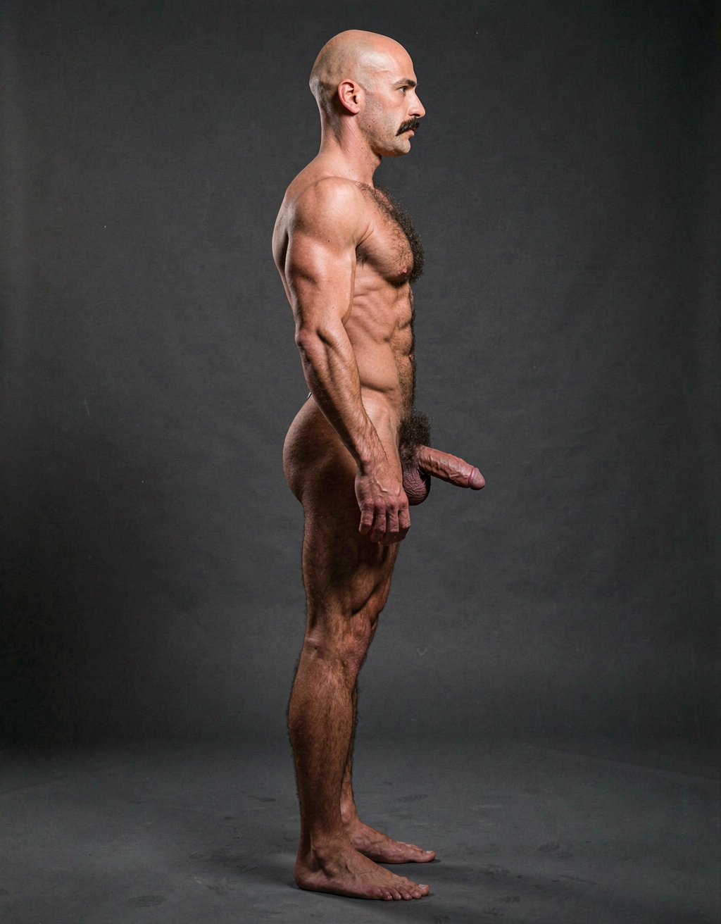 Mike Morris, a 32-year-old extremely lean Caucasian male with only 8% body fat, stands completely naked in a rigid military attention pose captured in a full-body exact side profile at 90 degrees from his right side. The shot runs uninterrupted from the tips of his size 44 slightly hairy feet all the way up to the top of his bald head, showing his entire body without any cropping whatsoever. His physique is dry, highly vascular and powerfully defined: massive square pectorals seen in perfect side silhouette, dense dark brown chest hair forming a thick T-pattern that continues across his shoulders and back, sharply carved six-pack abs in clear profile, narrow waist, wide flaring lats, powerful thighs and diamond-shaped calves covered in the same dark hair. Dramatic directional studio lighting falls from high and slightly in front of him, creating strong rim lighting that traces every sharp edge of his muscular outline, accentuating the texture of his dense dark body hair on chest, shoulders, lower back, ass and legs, while producing deep shadows that highlight every muscle separation, vein and the extreme dryness of his 8% body fat. His advanced Norwood III-IV bald scalp is clearly visible under the light, with very short dense dark brown hair only on the sides and back of his head. His square, angular face is shown in pure right profile: strong jawline, prominent chin with slight central dimple, thick well-groomed dark handlebar mustache, heavy brow and intense deep-set brown eye staring straight forward with a serious, commanding expression. His penis is fully and clearly visible in perfect side view, completely natural and anatomically correct: thick, 24 cm long when fully erect, with a natural slight upward curve, prominent dorsal veins running along the shaft, long foreskin that partially covers the pink-red glans, and noticeably lighter skin tone than the rest of his bronzed body. Below it hang his large, low-hanging testicles with wrinkled darker skin and an extremely dense, curly dark brown pubic bush that climbs almost to his navel and surrounds the base of his cock and balls generously. Every detail from his veined hands and forearms to his muscular ass, hamstrings, diamond calves and hairy toes is perfectly proportioned and free of any deformation. Photorealistic, high-contrast, masculine 1970s Colt Studio aesthetic with subtle grainy film texture.