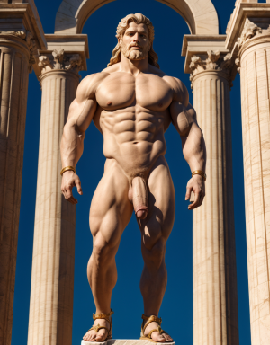 Júpiter es el principal dios romano. Está desnudo. Tiene pene grande. Tiene sandalias blancas.