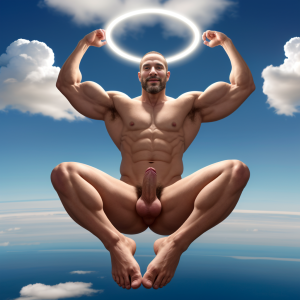 Hombre de 36 años de edad, totalmente desnudo, enseñando sus músculos bíceps de los brazos. Está rodeado de nubes blancas en un cielo azul. Tiene pene grande y tiene testículos peludos prominentes. Tiene aro luminoso en su cabeza, irradiando bondad. Está sobre nubes blancas exponiendo su cuerpo musculoso. Está volando entre nubes. Es muy esbelto y muy elegante. Es muy atractivo. Está volando entre nubes, y flotando en el cielo. Está totalmente desnudo exhibiendo sus genitales hermosos y bonitos. Tiene sandalias en los pies. Los pies están visibles.