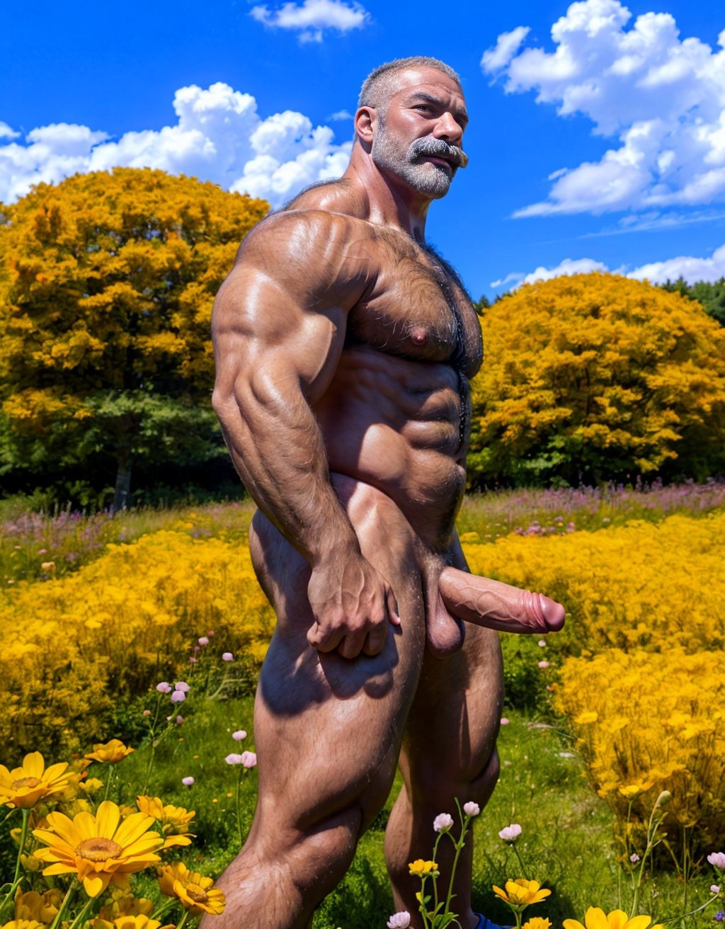 Hombre de  50 años, moreno, desnudo, delgado, con pene erecto, testículos grandes y velludos, pecho y brazos velludos, cara delgada, cabello rubio, mostrando trasero perfecto, testículos visibles, muy atractivo y viril, cuerpo completo. Lleva sandalias en sus pies. Está parado en el campo florido. Su cara tiene mentón grande y con hoyete. Hombre culturista, músculos muy definidos. Está inclinado hacia adelante para enseñar sus músculos definidos. Tienes grandes huevos y peludos. Tiene bigote. Está de perfil enseñando los testículos.