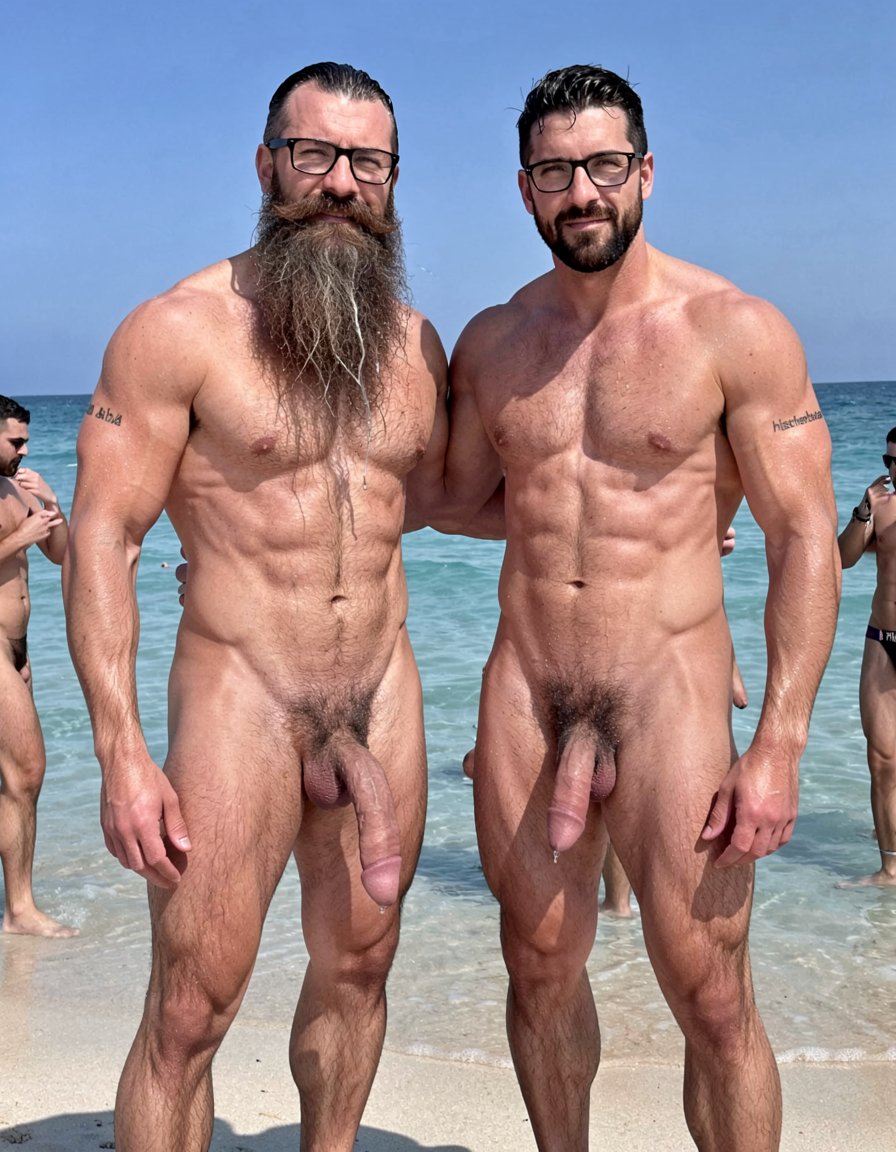 Photorealistic ultra-detailed cinematic midday shot at El Playazo nudist beach in Vera Playa, Almería. Hipsterbarba and Ferran standing side by side on the hot sand right at the water's edge, both completely naked, shoulder to shoulder, under harsh bright Mediterranean sun. Hipsterbarba is 40 years old, 180cm, 80kg, 8% body fat, zero belly, extremely dry shredded six-pack with visible linea alba, dense black chest hair, thick trail of dark hair from navel to heavy bush, powerful vascular arms and shoulders, strong hairy quads with defined vastus, hamstrings and adductors, high fade undercut haircut, extremely long thick well-groomed Bandholz beard reaching almost to his navel, big mustache with long curled spiral tips, black hipster glasses, small black tattoo “hipsterbarba” on right bicep. His thick heavy veiny cock hangs semi-hard between his legs, fat glans partially visible under foreskin, heavy low-hanging hairy balls, still dripping thick precum from the previous rubbing. His long beard is wet and sticky with precum.

Ferran stands right next to him, 28 years old, same extreme competition shape, 5% body fat, massive rounded pecs, carved eight-pack, narrow waist, huge veiny arms, short dark stubble, polished high fade, small “hipster barba” tattoo on bicep. His long thick cock is still fully hard, shiny with precum and saliva, heavy balls tight. His hip is touching Hipsterbarba’s, their cocks almost brushing against each other.

Both men stand confident and dominant, sweat glistening on every muscle and black body hair, harsh sunlight creating strong highlights and deep shadows on abs, veins, wet beards and genital details. Turquoise sea gently touching their feet, chiringuito El Pirata visible in the background with other naked muscular men watching them from a distance, some stroking their hard cocks. Hyperrealistic skin texture, individual beard and body hairs, realistic sand and water, sharp focus, raw explicit male scene, cinematic midday lighting.
