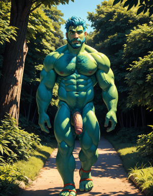 (Hombre 1 de color verde, desnudo, musculoso, tiene pene verde, tiene testículos verdes, tiene mucho vello, tiene pelo verde, tiene barba verde, tiene sandalias verdes, tiene pezones grandes largos y puntiagudos: 2.4.). (Hombre 2 azul, desnudo, musculoso azul, tiene pene color azul, tiene testículos color azul, tiene sandalias azules, tiene mucho vello, tiene pelo azul largo ondulado azul, tiene pezones grandes largos y puntiagudos: 1.9.). Los dos están andando por un camino en el campo. Sale líquido blanco por sus pezones