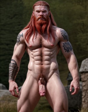 Guerrero nórdico de 20 años desnudo, de facciones hermosas, piel muy pálida, musculoso, cuerpo muy velludo, mostrando orgulloso su pene, tatuajes vikingos, barba larga, cabello rojizo, fondo de batalla medieval, armadura rota, mirada desafiante, piel sudorosa, anatomía detallada.