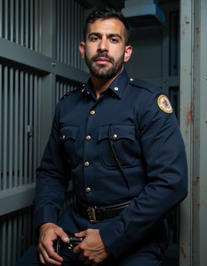 Muscular Spanish police officer in dark blue uniform, 25 years old, Mediterranean features, dark hair, dominant stance, handcuffs in hand, prison cell setting with metal bars, dramatic lighting, masculine and authoritative pose

---

El oficial Martínez acaba de cerrar la puerta de la celda. Su uniforme azul marino está perfectamente planchado, pero la correa del cinturón ya la tiene desabrochada. Sus ojos oscuros te miran de arriba abajo mientras se acerca.

