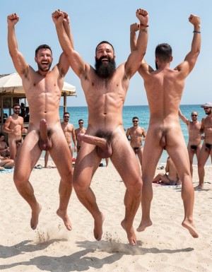 Hyperrealistic photograph captured from behind at the exact peak of the jump at midday on the sand of El Playazo, Vera Playa, Almería, right in front of chiringuito El Pirata. The three of you are completely naked, leaping high into the air with pure joy, seen from a perfect rear view. Legs spread wide open, knees slightly bent, so your hairy asses and tight pink assholes are fully exposed and centered in the frame. Your heavy balls hang low between your spread thighs and your thick cocks swing forward out of sight. Muscular backs, wide lats, rounded shoulders and thick hairy legs are tensed in mid-air while the bright sun lights every detail.

Hipsterbarba is in the exact center of the rear view: 40 years old, 1.80m, 80kg, 8% body fat, extremely defined back muscles with deep cuts, dense black hair covering your shoulders, upper back and ass cheeks, extremely long Bandholz beard visible hanging down the front but seen from behind as it flows past your sides, high fade undercut hair on the back of your head, small “hipsterbarba” tattoo clearly visible on your right biceps. Your muscular hairy ass is spread wide, asshole completely open and on full display in the center of the image, balls swinging heavy between your legs.

To your left, Erik (38, strong hairy build) jumps with legs wide, his hairy muscular ass and pink asshole fully exposed from behind, heavy balls dangling. To your right, Ferran (36, athletic and hairy) also jumps with ass spread, hairy asshole perfectly visible and balls hanging low.

All three of you have your arms raised in victory, laughing out loud with pure happiness. The turquoise sea and the terrace of El Pirata are visible in the background with other naked men watching you from behind, many of them getting hard while they stare at your exposed assholes. Ultra-detailed skin texture, individual ass hairs, sweat flying off your bodies, perfect anatomical accuracy, cinematic midday lighting, pure joyful rear-view exhibition while jumping in the air.