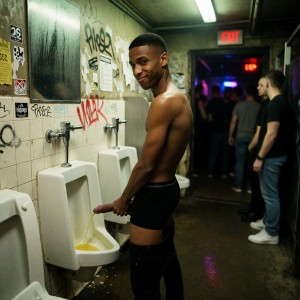 Un hombre sin camiseta orina de pie en un urinario de un baño público deteriorado, sujetándose el pene mientras un chorro amarillo cae dentro de la porcelana blanca. Lleva ropa interior negra visible y pantalones bajados hasta media cadera, girando la cabeza hacia la cámara con una sonrisa insinuante. El entorno parece el baño de una discoteca o bar nocturno, con paredes cubiertas de grafitis, pegatinas, azulejos manchados, espejos oscuros y varios urinarios alineados. Al fondo, bajo una señal roja de salida, se ven otros hombres esperando o conversando junto a una entrada iluminada con luces de colores, creando una atmósfera urbana, sucia y nocturna.