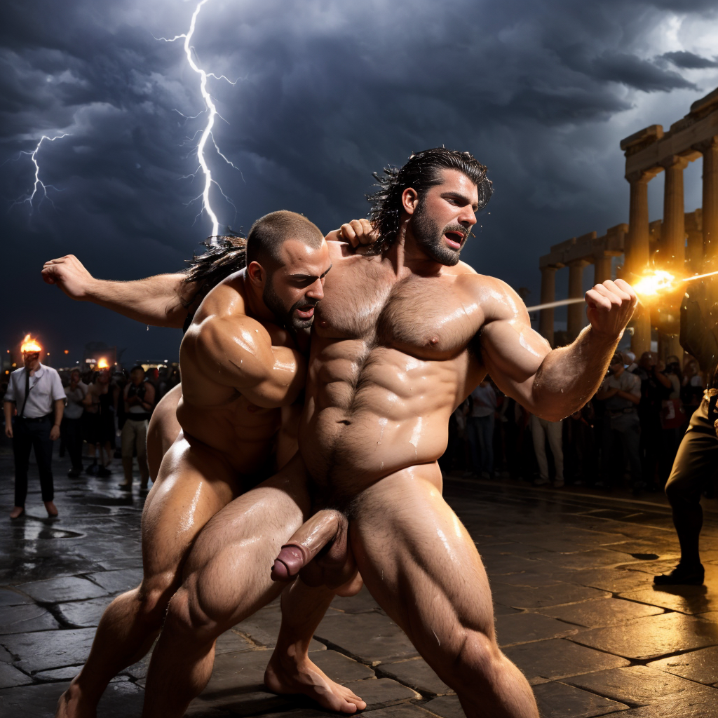 Harmodio y Aristogitón están desnudos. Tienen grandes testículos muy velludos. Luchan en la plaza medieval de Atenas. Se golpean con sus grandes penes. Son musculosos y están delgados y bronceados. Tienen mucho vello por todo el cuerpo. Aristogitón rechaza a Harmodio. ⛓️ ⛓️ 🔪 🔪  ⛈️🌩️🌧️🌨️❄️💧💦 😂