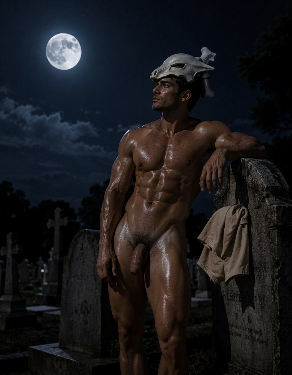 Un hombre desnudo y musculoso posa de pie en un cementerio nocturno, con la piel brillante como si estuviera aceitada y el pene visible, apoyando un brazo sobre una lápida mientras mira de perfil hacia la izquierda. Lleva sobre la cabeza una especie de casco o cráneo animal que le da un aire ritual, primitivo y teatral. La escena está iluminada por una luna llena intensa en un cielo oscuro con nubes, creando un ambiente gótico, misterioso y sobrenatural. Alrededor aparecen varias tumbas antiguas, cruces y lápidas de piedra, además de una prenda clara colgada sobre el monumento junto a él, reforzando la atmósfera dramática y funeraria.