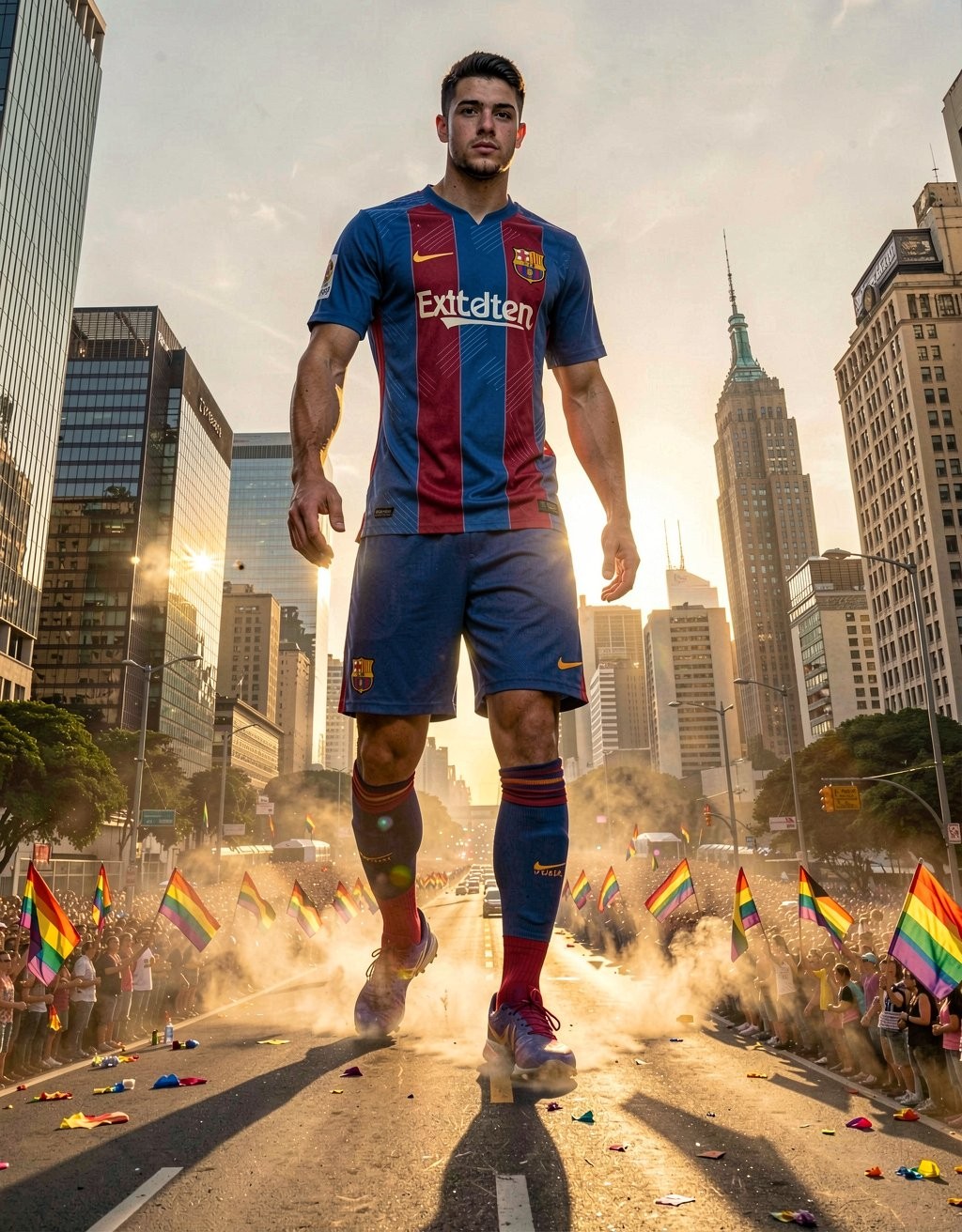 Un futbolista con equipación azulgrana del FC Barcelona camina de forma imponente por una avenida de Nueva York, con rascacielos a ambos lados y el Empire State Building al fondo iluminado por la luz dorada del atardecer. Viste camiseta con franjas rojas y azules, pantalón corto, medias deportivas y botas, avanzando entre humo, polvo y confeti sobre el asfalto. A los lados de la calle se agolpa una multitud que ondea banderas arcoíris del Orgullo, creando una escena épica y festiva que mezcla fútbol, ciudad, celebración LGBTQ+, desfile urbano y una atmósfera cinematográfica de héroe deportivo.