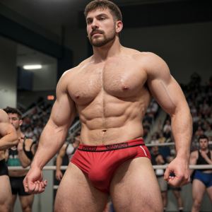 Luchador con barba corta y bigote, medianamente musculado, lleva un bañador olímpico rojo marcando bien el paquete, está en el ring y detrás el público lo aclama