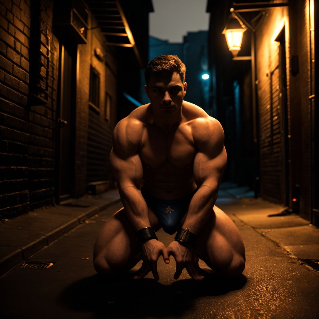 Hombre sumiso en BDSM de rodillas, desnudo, bajo una farola en un callejón oscuro y húmedo de noche, con grilletes en muñecas y tobillos, mirada sumisa, cuerpo musculoso, sombras profundas, iluminación tenue, ropa interior rota y desgarrada, ambiente sensual y dominante.