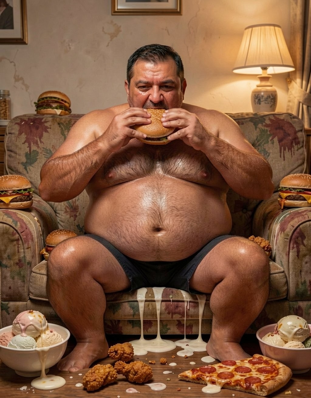 A burly, half-naked man, sitting in a floral living-room armchair, devours a large hamburger with both hands while wearing only black underwear; his hairy torso, prominent belly, and spread legs occupy the center of the scene. Around him there is an excess of fast food: hamburgers on the armrests, pieces of fried chicken, pepperoni pizza, cups of melted ice cream, and white sauces spilled across the floor and the seat. The domestic atmosphere feels warm and somewhat decadent, with a lit lamp, curtains, pictures on the wall, and old upholstery, creating a scene of gluttony, disorder, and compulsive junk-food consumption.