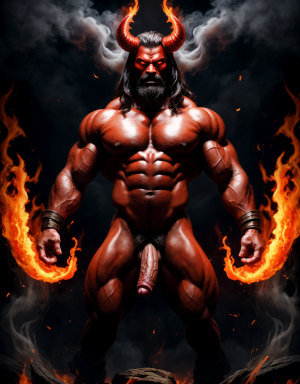 Diablo y Satanás desnudos con pene grande y testículos grandes. Dobla el brazo derecho para enseñar los bíceps del brazo derecho con gran orgullo. Tiene mucho vello por todo el cuerpo. Está bronceado. Tiene alas de diablo negras y rojas oscuro. Los brazos están hacia arriba implorando rayos y fuego. Tiene un chorro de fuego en el pene que sale a chorros rojos hacia arriba de su pene erecto tieso hacia arriba. Sus ojos son grandes y rojos. Tiene testículos grandes y oscuros. Está rodeado de llamas y humo. Tienen cara de maldad y con barba. Se ven los pies. Quiero ver los pies. Está delgado. Está agachado. Está de espaldas,