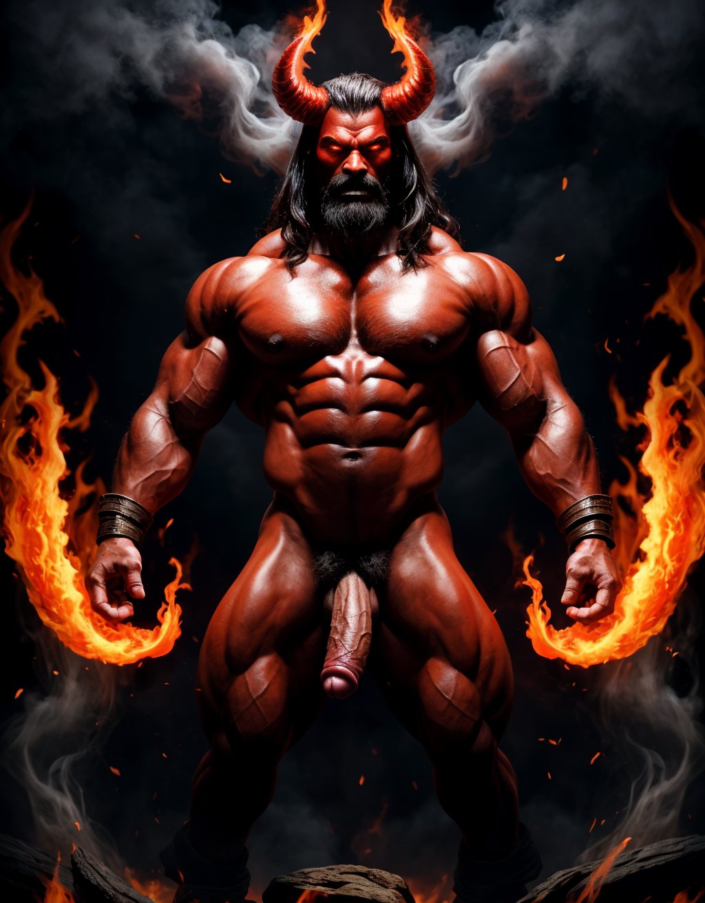 Diablo y Satanás desnudos con pene grande y testículos grandes. Dobla el brazo derecho para enseñar los bíceps del brazo derecho con gran orgullo. Tiene mucho vello por todo el cuerpo. Está bronceado. Tiene alas de diablo negras y rojas oscuro. Los brazos están hacia arriba implorando rayos y fuego. Tiene un chorro de fuego en el pene que sale a chorros rojos hacia arriba de su pene erecto tieso hacia arriba. Sus ojos son grandes y rojos. Tiene testículos grandes y oscuros. Está rodeado de llamas y humo. Tienen cara de maldad y con barba. Se ven los pies. Quiero ver los pies. Está delgado. Está agachado. Está de espaldas,