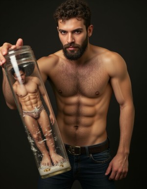 Macrofilia. 
Un gigante musculoso barbudo desnudo con rostro de loco y perverso mantiene en su mano un frasco de cristal, dentro del frasco de cristal hay un hombre totalmente desnudo y herido. 