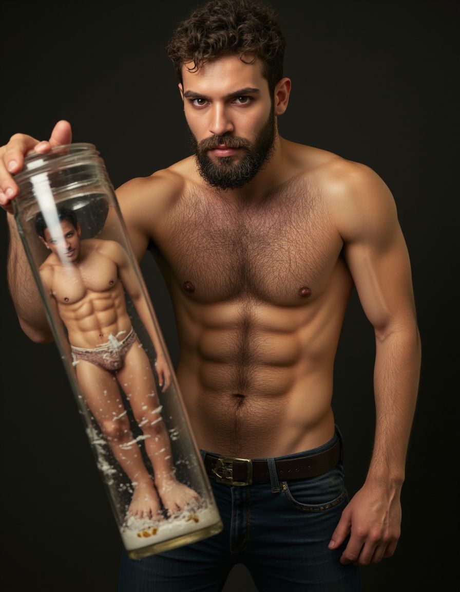 Macrofilia. 
Un gigante musculoso barbudo desnudo con rostro de loco y perverso mantiene en su mano un frasco de cristal, dentro del frasco de cristal hay un hombre totalmente desnudo y herido. 