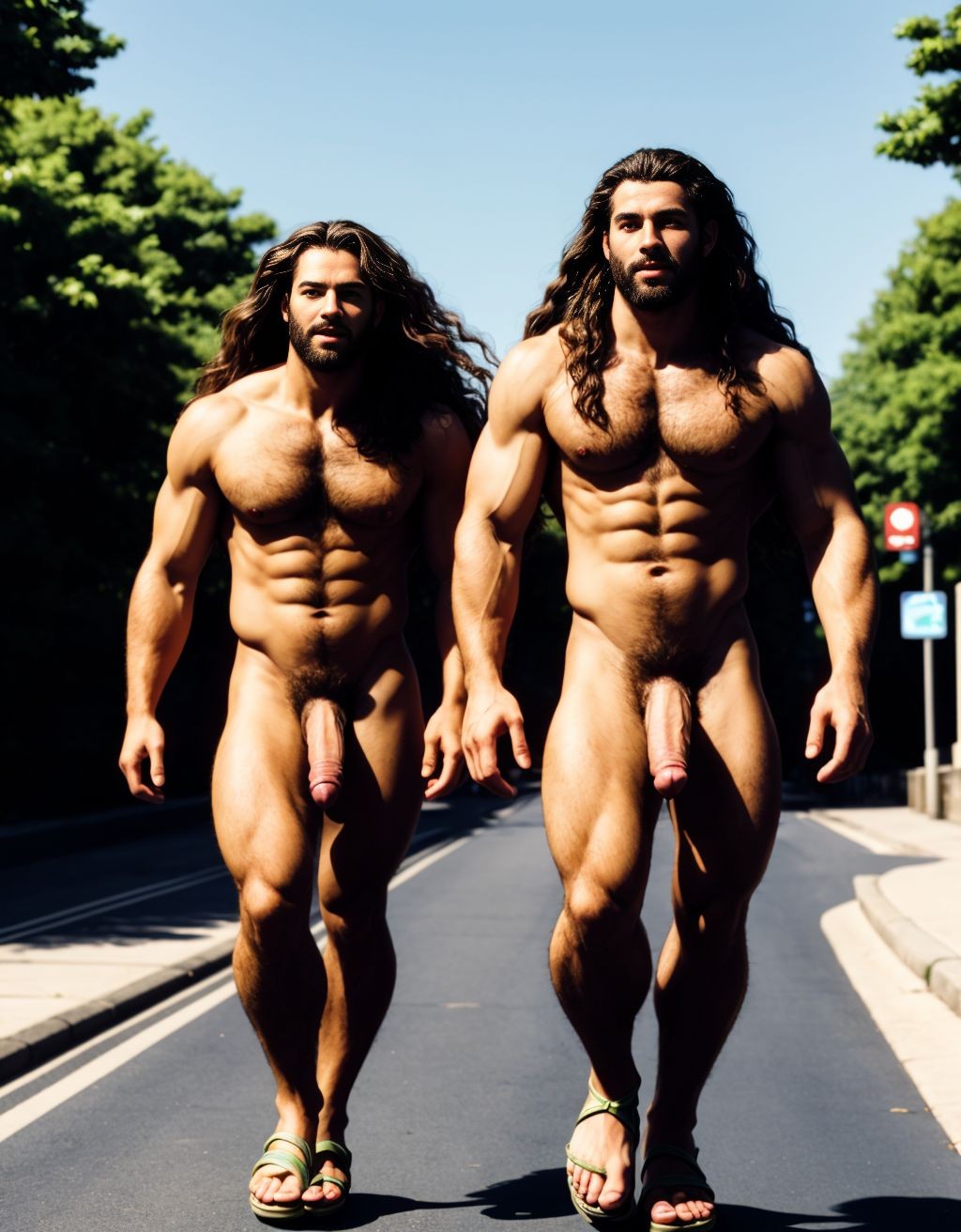 Dos hombres jóvenes desnudos musculosos y fibrosos. Tiene pene grande. Están andando por la calle. Tienen sandalias en los pies. El pene y los testículos se mueven al aire al andar. El enorme pene se dobla hacia el lado al ritmo del andar. Los testículos botan contra los muslos al andar moviéndose hacia afuera. Tienen mucho pelo vello en el pecho. Tienen los pelos muy rizados y largos. El pelo es vaporoso y se mueve con el aire hacia adelante. Tienen pezones muy largos perfectos. Tienen ojos de color verde y sandalias de color verde.
