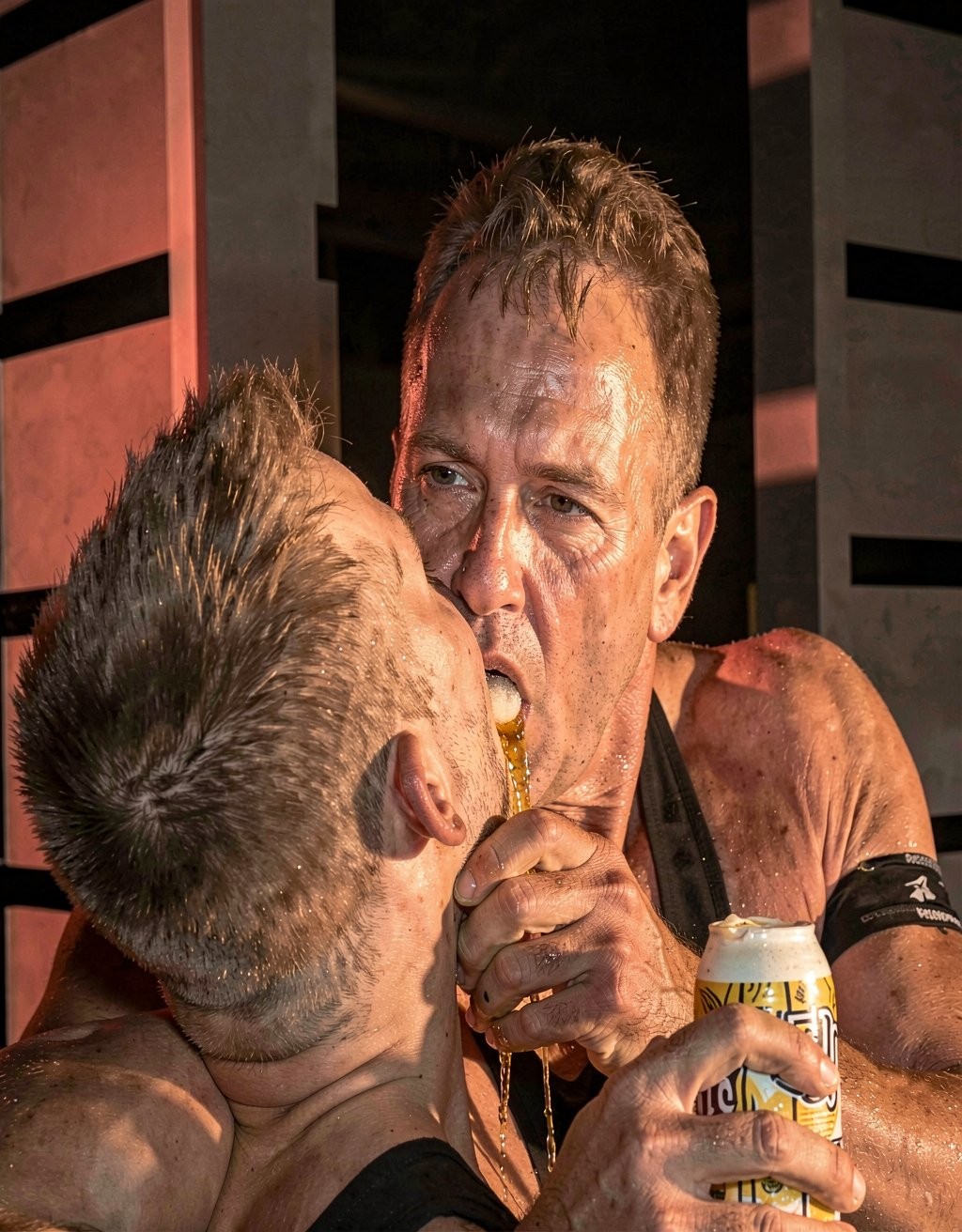 Dos hombres cubiertos de barro y sudor aparecen muy juntos en una escena intensa y festiva, probablemente tras una carrera de obstáculos o evento deportivo extremo. Uno de ellos, con camiseta de tirantes negra y brazalete en el brazo, sujeta una botella inclinada y vierte cerveza directamente en la boca del otro, que tiene el pelo corto de punta y la cabeza echada hacia atrás. En primer plano se ve también una lata de Budweiser agarrada con fuerza, mientras el líquido cae por la barbilla y el cuello, reforzando la sensación de celebración descontrolada, esfuerzo físico, compañerismo y ambiente de competición embarrada bajo una luz cálida y dramática.