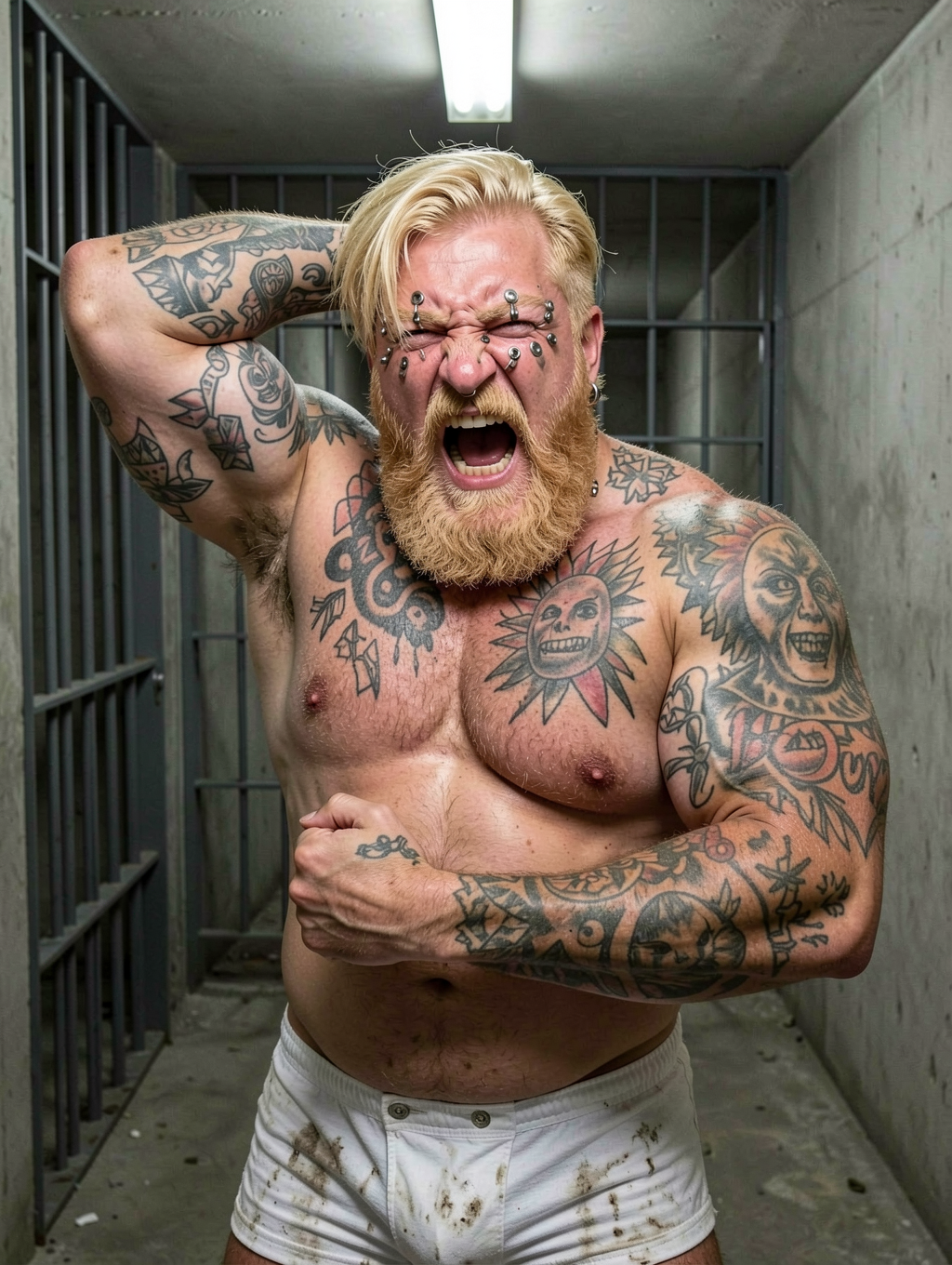 Hombre musculoso y corpulento, sin camiseta, con barba pelirroja espesa y pelo rubio peinado hacia un lado, grita con la boca abierta mientras flexiona el brazo y se agarra el torso en una pose agresiva y desafiante. Su cuerpo está cubierto de tatuajes negros y grises en pecho, hombros, brazos y cuello, incluyendo calaveras, soles, rostros y motivos geométricos, además de varios piercings en la cara alrededor de la nariz, cejas y mejillas. Lleva unos pantalones cortos blancos muy sucios y manchados, ajustados a la cintura. El entorno parece una celda o pasillo de prisión, con barrotes metálicos, paredes de hormigón desgastadas, suelo gris y una luz fluorescente fría en el techo que acentúa la atmósfera dura, claustrofóbica e intimidante.