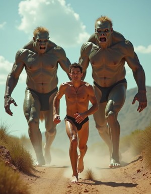 dos monstruos desnudos humanoides gigantes con penes enormes persiguen a un chico totalmente desnudo, corre desnudo y sudoroso para escapar de ellos. 