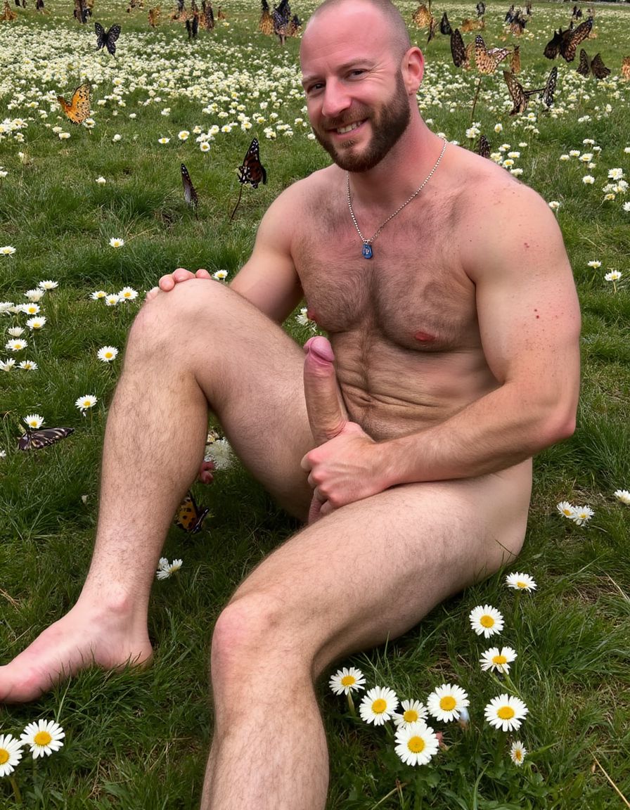 hombre culturista de 35 años posando desnudo de cuerpo completo, sonriente, tensa los bíceps, tiene un pene de 40 cm de longitud y 7 cm de diámetro, tiene grandes dorsales, piernas, tiene cintura estrecha, es un poco calvo, tiene grandes pezones rosas. Tiene un pene de 40 cm de longitud y 7 cm de diámetro. Tiene mucho vello en pecho y brazos y piernas. Tiene testículos de 10 cm de diámetro que están colgando y se mueven al compás de los movimientos del cuerpo. Tiene pies con sus uñas pintadas de color rojo. Fondo de muchas margaritas de todos los colores y miles de mariposas volando. Tiene el cuerpo bronceado por el Sol. Está en la hierva rodeado de margaritas. Está sentado y quiere enseñar su ano. Tiene el ano relajado y abierto y a la vista del espectador. Por su pene erecto. Con su mano derecha rodea su pene por su perímetro acariciando el pene con suavidad. Tiene un gran pene erecto y lleva piercings de pezón en los pezones.  (respeta la forma y la proporción del cuerpo y sé fiel a la forma real de los cuerpos, sin distorsiones) (+10)