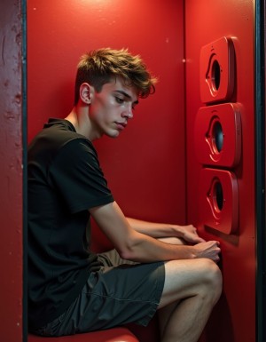 Chico joven, sentado, desnudo  de cuerpo entero en una cabina de glory holes en Reds en Maspalomas, por los agujeros salen penes erectos que eyaculan en su boca. 