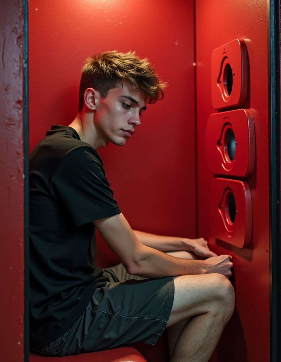 Chico joven, sentado, desnudo  de cuerpo entero en una cabina de glory holes en Reds en Maspalomas, por los agujeros salen penes erectos que eyaculan en su boca. 